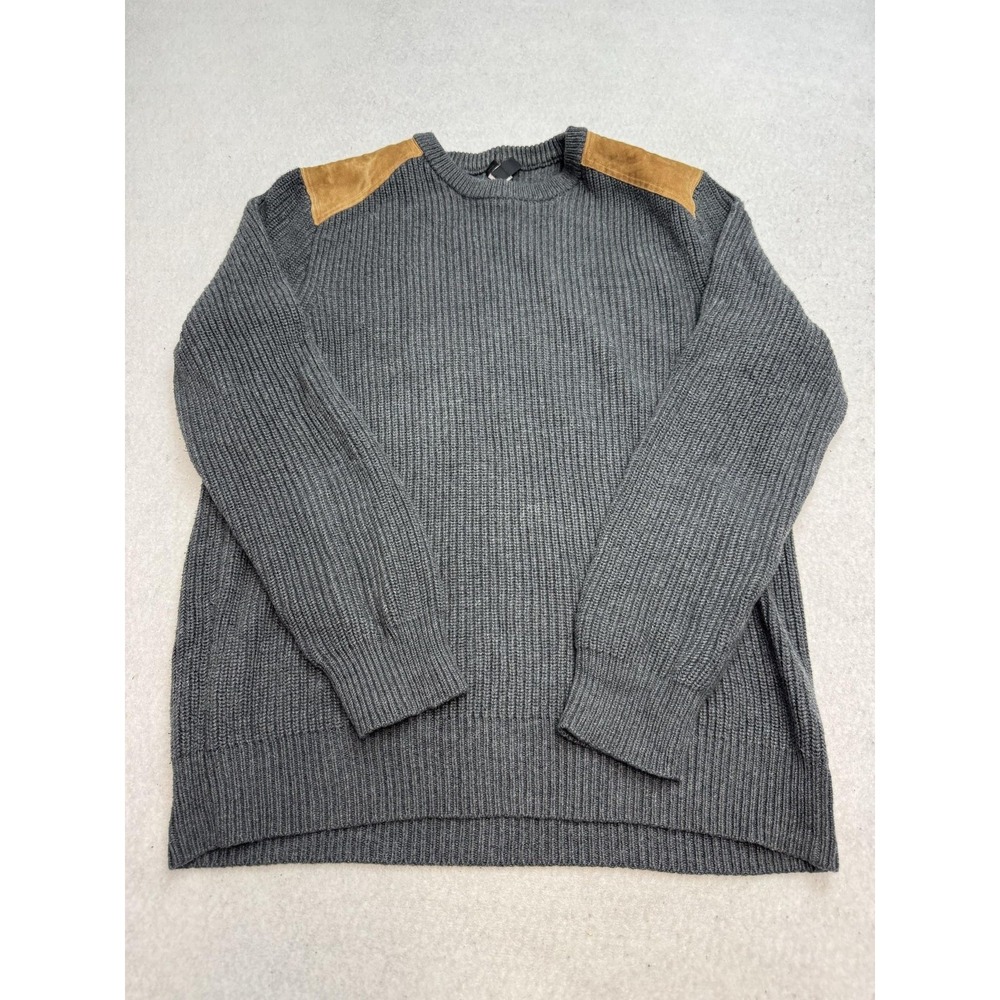 J.Crew Sweater Mens Medium Gray Leather Shoulder Patch Crewneck Knit Pullover